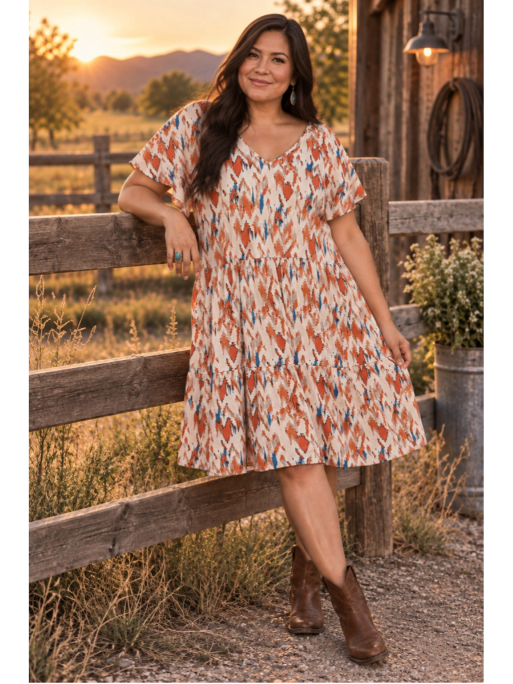 Ariat Delilah Linen Blend Tiered Dress Womens XL Rust Blue Ikat Print Boho